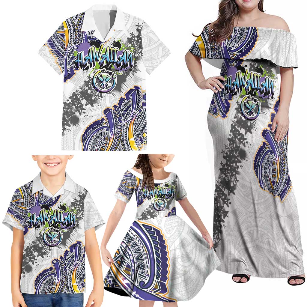Traditional Art Hawaiian Kakau Tattoos Family Matching Off Shoulder Maxi Dress and Hawaiian Shirt Graffiti Style - Polynesian Pride