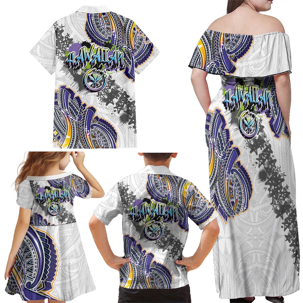 Traditional Art Hawaiian Kakau Tattoos Family Matching Off Shoulder Maxi Dress and Hawaiian Shirt Graffiti Style - Polynesian Pride