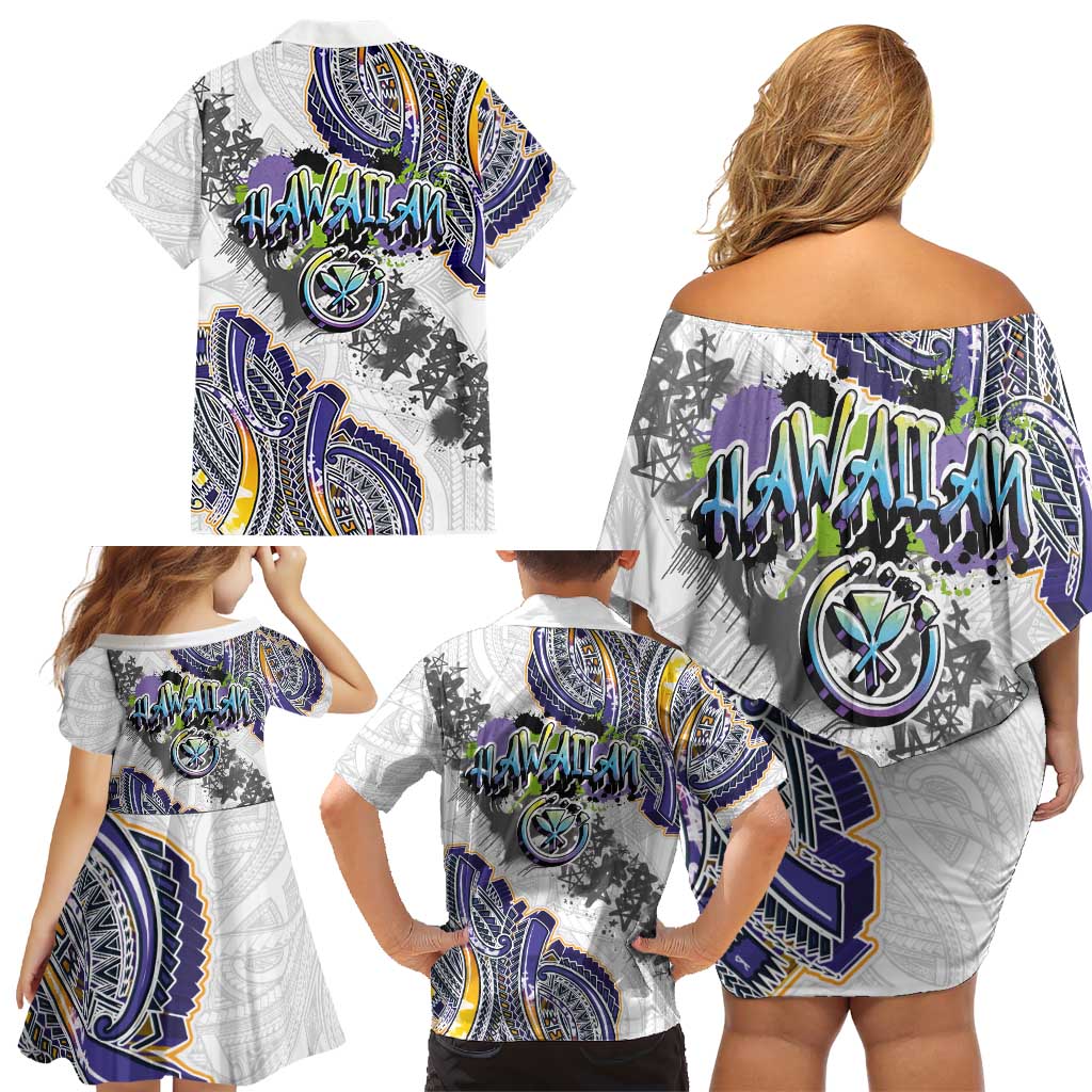 Traditional Art Hawaiian Kakau Tattoos Family Matching Off Shoulder Short Dress and Hawaiian Shirt Graffiti Style - Polynesian Pride