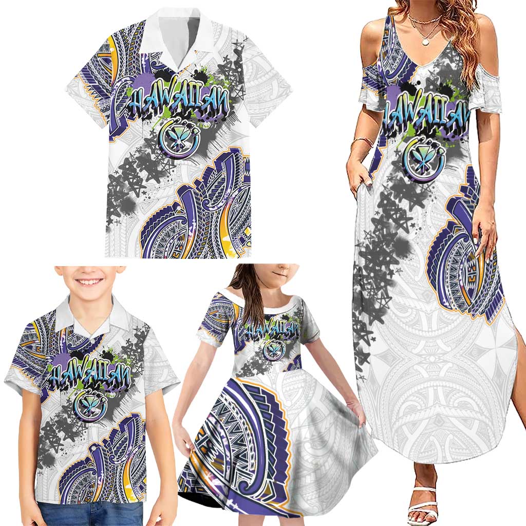 Traditional Art Hawaiian Kakau Tattoos Family Matching Summer Maxi Dress and Hawaiian Shirt Graffiti Style - Polynesian Pride
