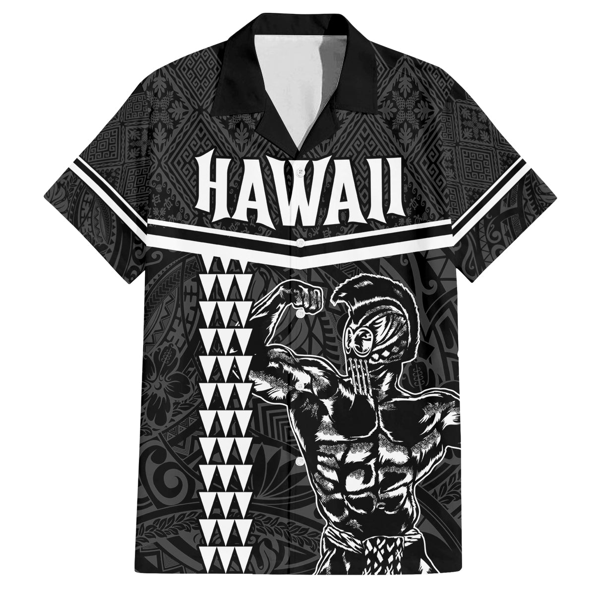 Custom Hawaii Warrior Family Matching Long Sleeve Bodycon Dress and Hawaiian Shirt Kakau Quilt Pattern LT03 Dad's Shirt - Short Sleeve Black - Polynesian Pride