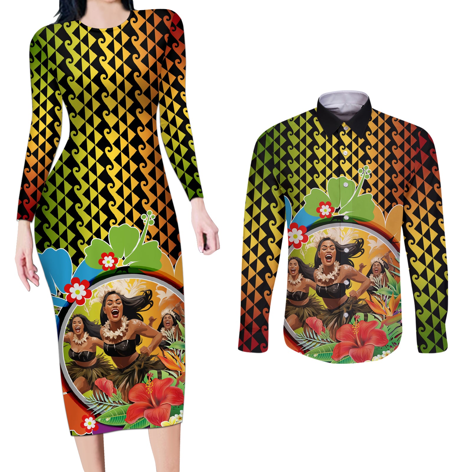 Hawaii Womens Day Wahine Couples Matching Long Sleeve Bodycon Dress and Long Sleeve Button Shirt Strong Beautiful Woman with Kakau Style LT03 Red - Polynesian Pride