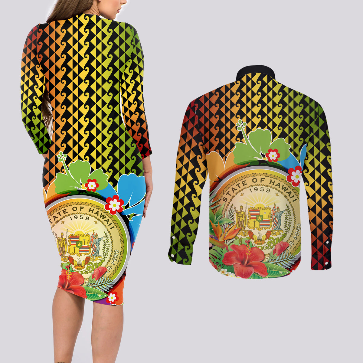 Hawaii Womens Day Wahine Couples Matching Long Sleeve Bodycon Dress and Long Sleeve Button Shirt Strong Beautiful Woman with Kakau Style LT03 - Polynesian Pride