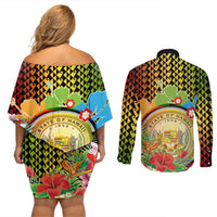 Hawaii Womens Day Wahine Couples Matching Off Shoulder Short Dress and Long Sleeve Button Shirt Strong Beautiful Woman with Kakau Style LT03 - Polynesian Pride