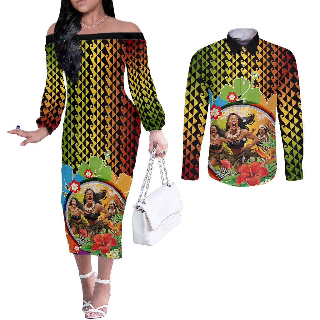 Hawaii Womens Day Wahine Couples Matching Off The Shoulder Long Sleeve Dress and Long Sleeve Button Shirt Strong Beautiful Woman with Kakau Style LT03 Red - Polynesian Pride