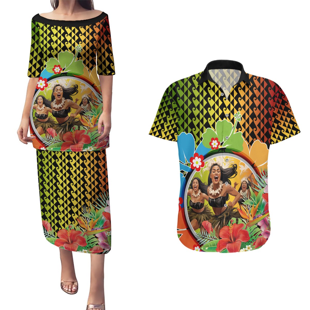 Hawaii Womens Day Wahine Couples Matching Puletasi and Hawaiian Shirt Strong Beautiful Woman with Kakau Style LT03 Red - Polynesian Pride