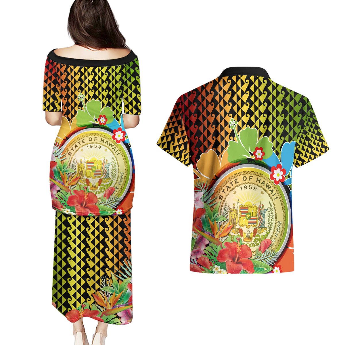 Hawaii Womens Day Wahine Couples Matching Puletasi and Hawaiian Shirt Strong Beautiful Woman with Kakau Style LT03 - Polynesian Pride
