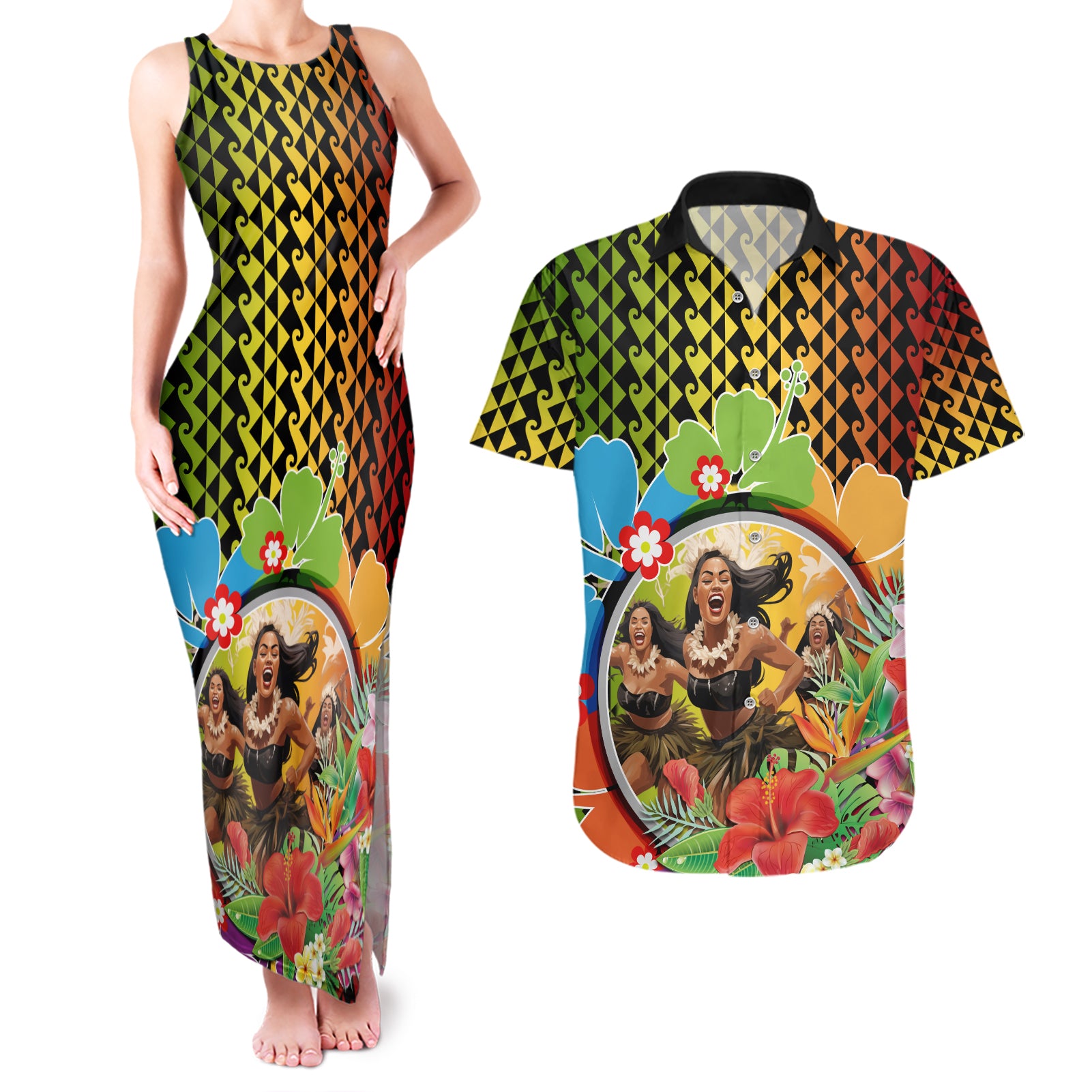 Hawaii Womens Day Wahine Couples Matching Tank Maxi Dress and Hawaiian Shirt Strong Beautiful Woman with Kakau Style LT03 Red - Polynesian Pride