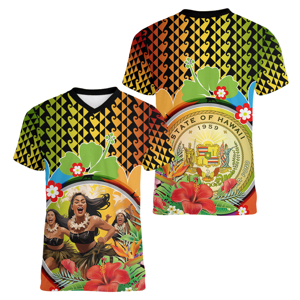 Hawaii Womens Day Wahine Women V Neck T Shirt Strong Beautiful Woman with Kakau Style LT03 - Polynesian Pride