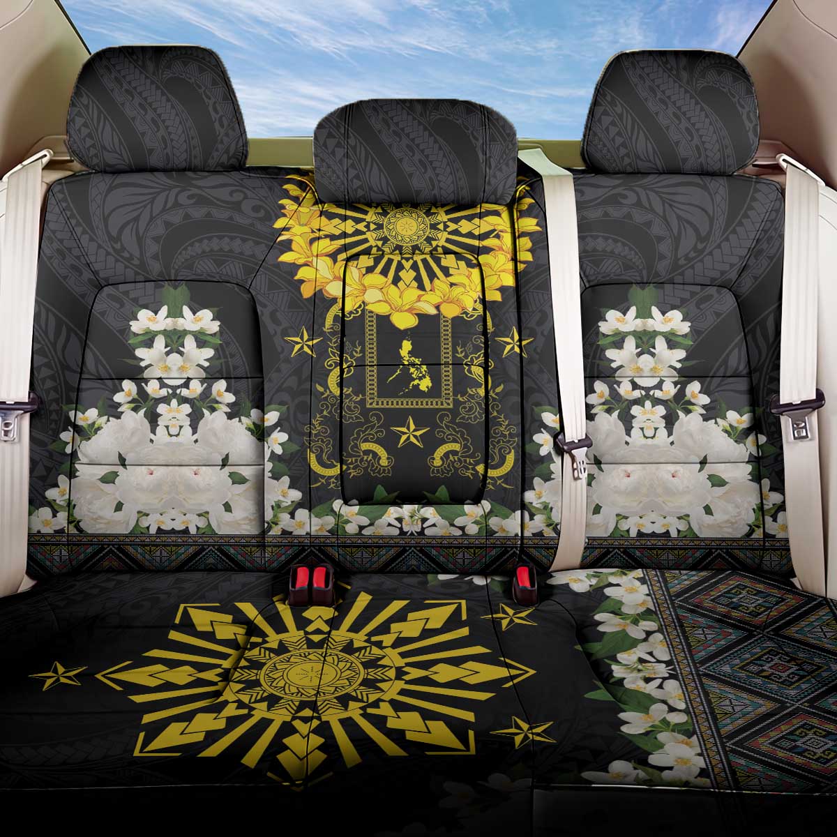 Flores de Mayo and Filipino Fiesta Back Car Seat Cover The Sun-Jasmine and Polynesian Yakan Tattoo Barong Style