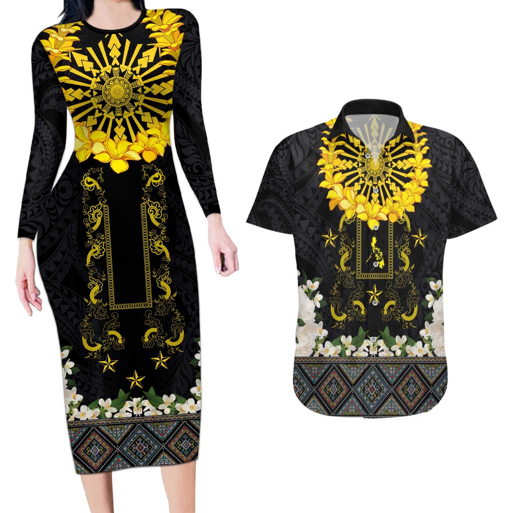 Flores de Mayo and Filipino Fiesta Couples Matching Long Sleeve Bodycon Dress and Hawaiian Shirt The Sun-Jasmine and Polynesian Yakan Tattoo Barong Style