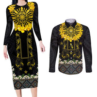 Flores de Mayo and Filipino Fiesta Couples Matching Long Sleeve Bodycon Dress and Long Sleeve Button Shirt The Sun-Jasmine and Polynesian Yakan Tattoo Barong Style
