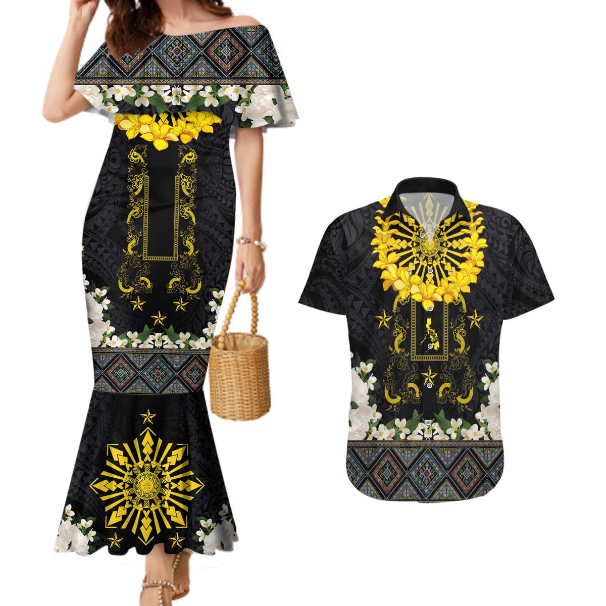 Flores de Mayo and Filipino Fiesta Couples Matching Mermaid Dress and Hawaiian Shirt The Sun-Jasmine and Polynesian Yakan Tattoo Barong Style