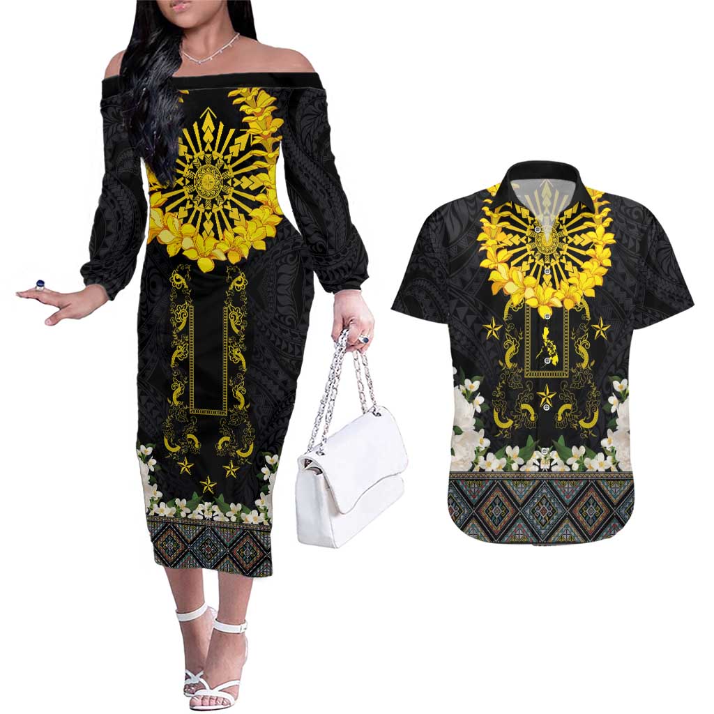 Flores de Mayo and Filipino Fiesta Couples Matching Off The Shoulder Long Sleeve Dress and Hawaiian Shirt The Sun-Jasmine and Polynesian Yakan Tattoo Barong Style