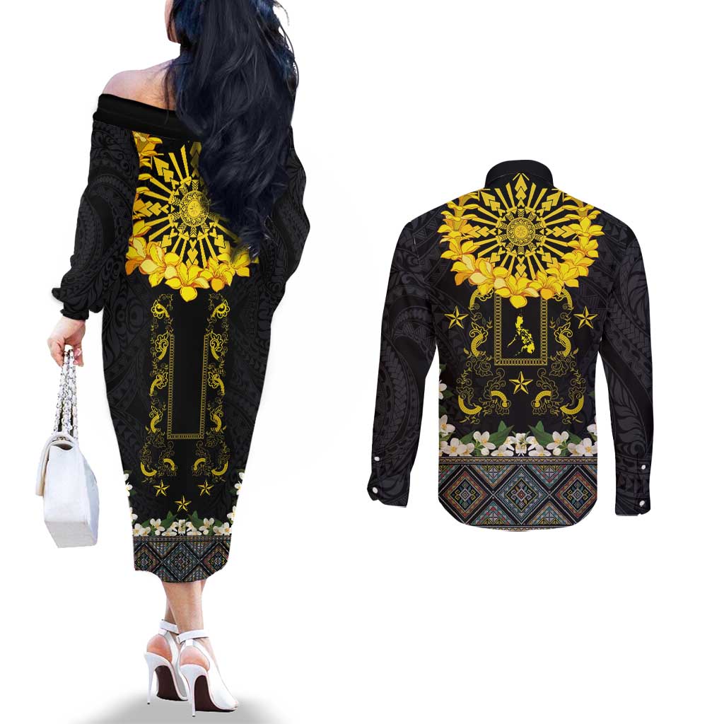 Flores de Mayo and Filipino Fiesta Couples Matching Off The Shoulder Long Sleeve Dress and Long Sleeve Button Shirt The Sun-Jasmine and Polynesian Yakan Tattoo Barong Style