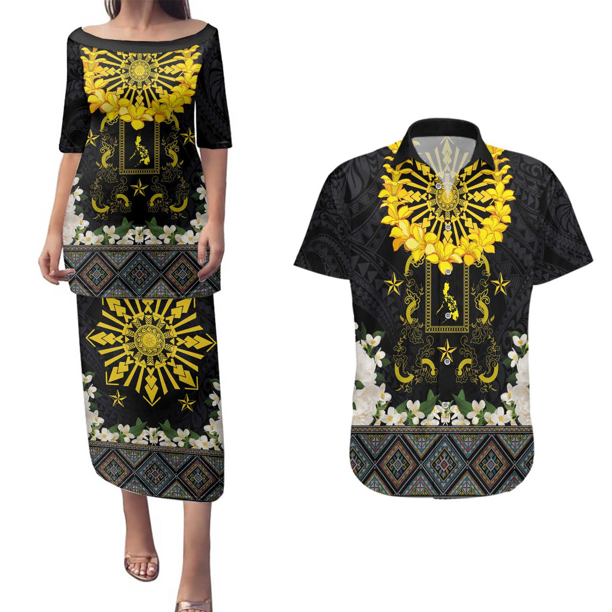 Flores de Mayo and Filipino Fiesta Couples Matching Puletasi and Hawaiian Shirt The Sun-Jasmine and Polynesian Yakan Tattoo Barong Style