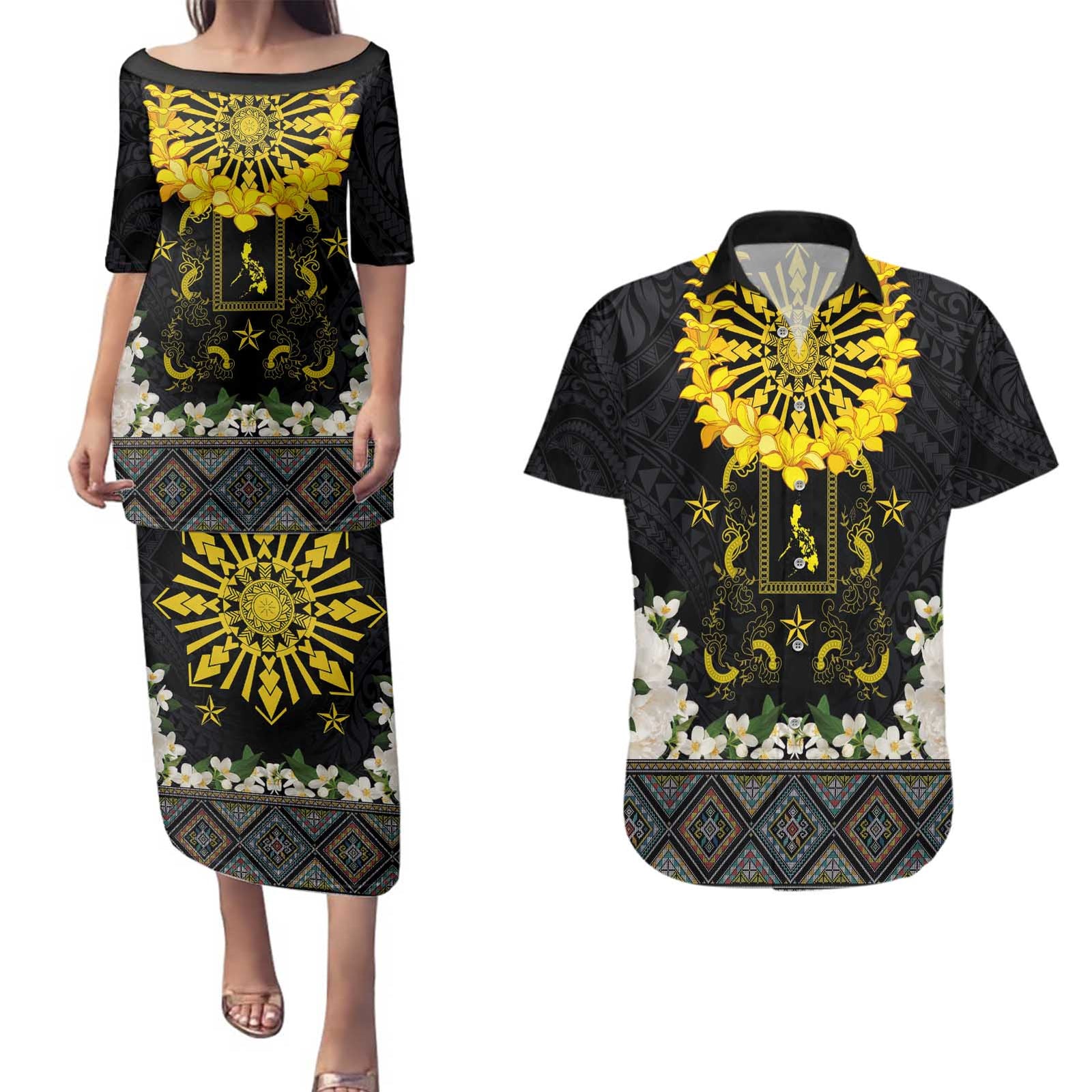 Flores de Mayo and Filipino Fiesta Couples Matching Puletasi and Hawaiian Shirt The Sun-Jasmine and Polynesian Yakan Tattoo Barong Style