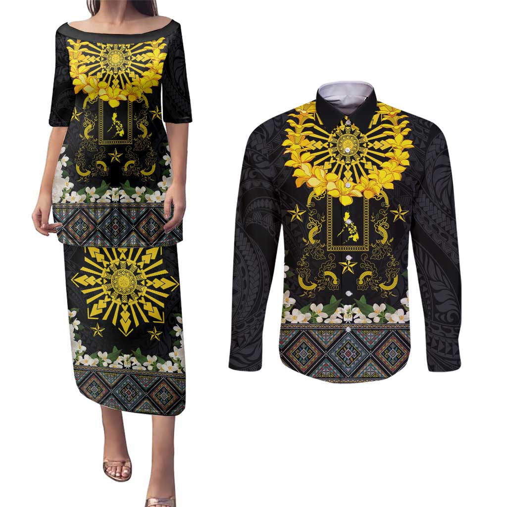 Flores de Mayo and Filipino Fiesta Couples Matching Puletasi and Long Sleeve Button Shirt The Sun-Jasmine and Polynesian Yakan Tattoo Barong Style