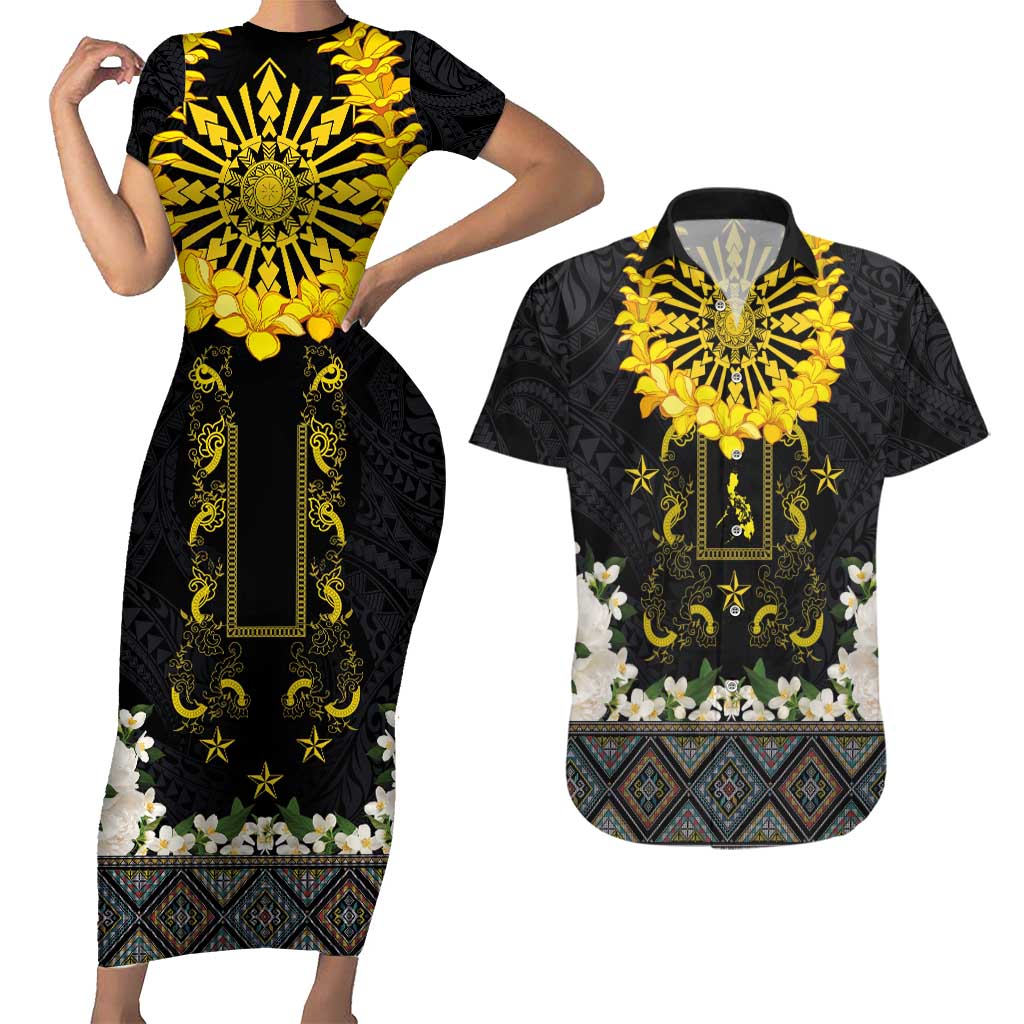 Flores de Mayo and Filipino Fiesta Couples Matching Short Sleeve Bodycon Dress and Hawaiian Shirt The Sun-Jasmine and Polynesian Yakan Tattoo Barong Style