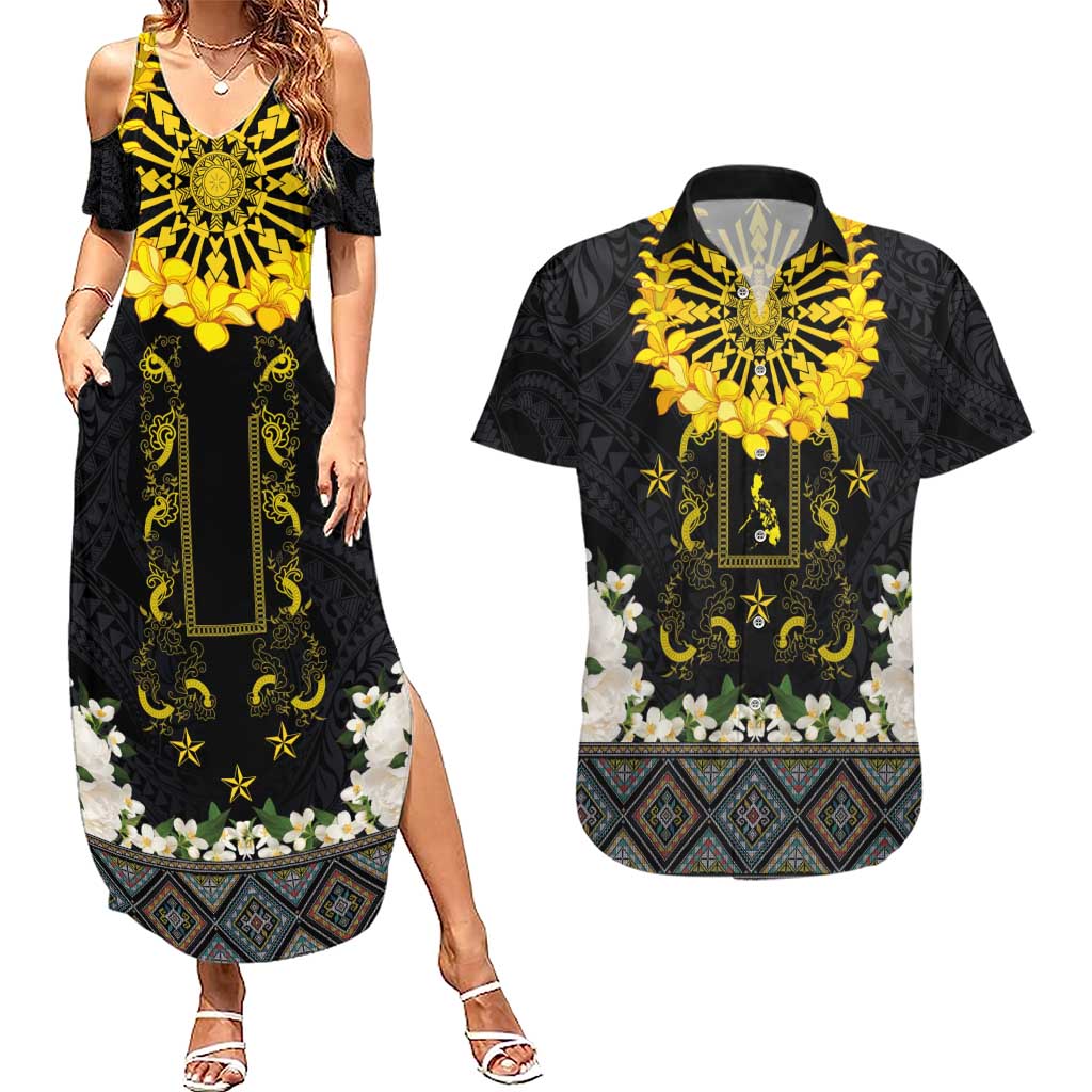Flores de Mayo and Filipino Fiesta Couples Matching Summer Maxi Dress and Hawaiian Shirt The Sun-Jasmine and Polynesian Yakan Tattoo Barong Style