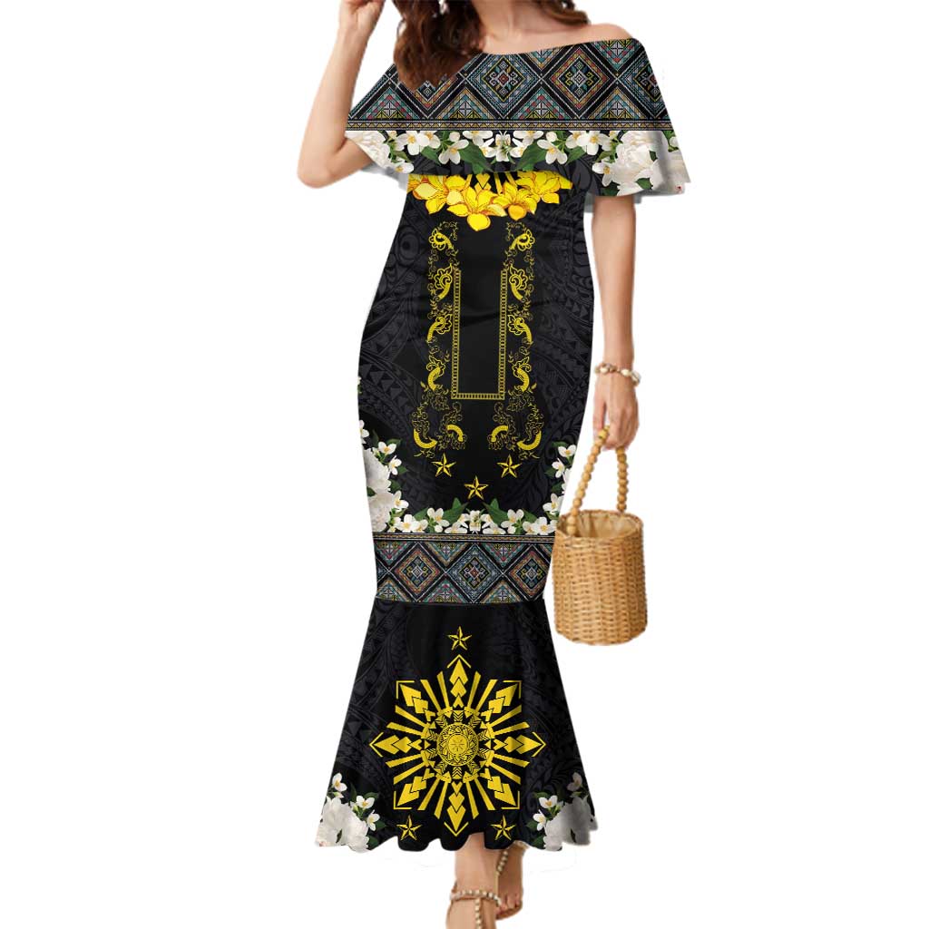 Flores de Mayo and Filipino Fiesta Family Matching Mermaid Dress and Hawaiian Shirt The Sun-Jasmine and Polynesian Yakan Tattoo Barong Style