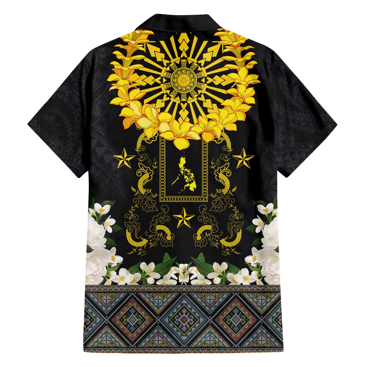 Flores de Mayo and Filipino Fiesta Family Matching Off The Shoulder Long Sleeve Dress and Hawaiian Shirt The Sun-Jasmine and Polynesian Yakan Tattoo Barong Style