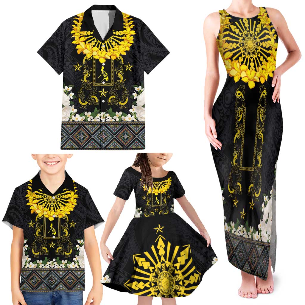 Flores de Mayo and Filipino Fiesta Family Matching Tank Maxi Dress and Hawaiian Shirt The Sun-Jasmine and Polynesian Yakan Tattoo Barong Style