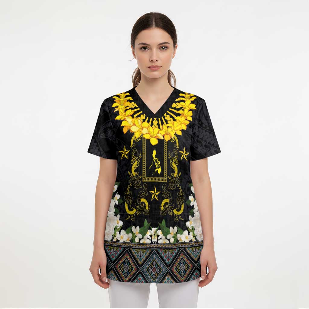 Flores de Mayo and Filipino Fiesta Scrub Top The Sun-Jasmine and Polynesian Yakan Tattoo Barong Style - Polynesian Pride