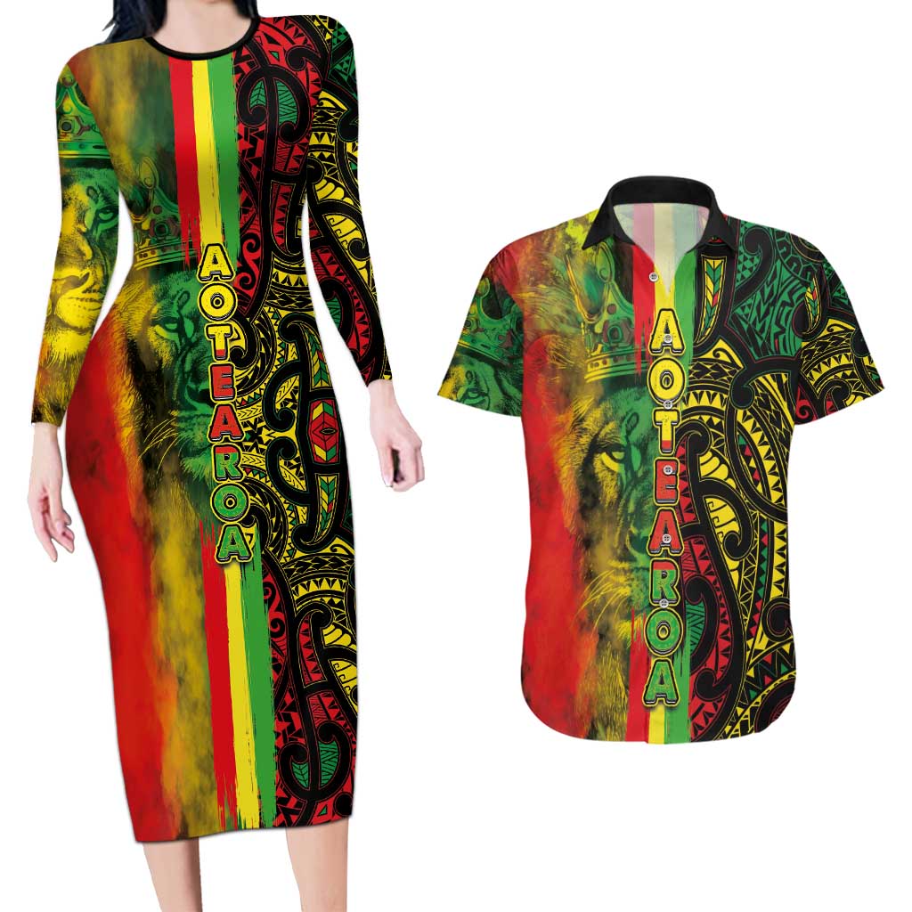 Aotearoa Reggae Couples Matching Long Sleeve Bodycon Dress and Hawaiian Shirt Maori Reggae-One Love