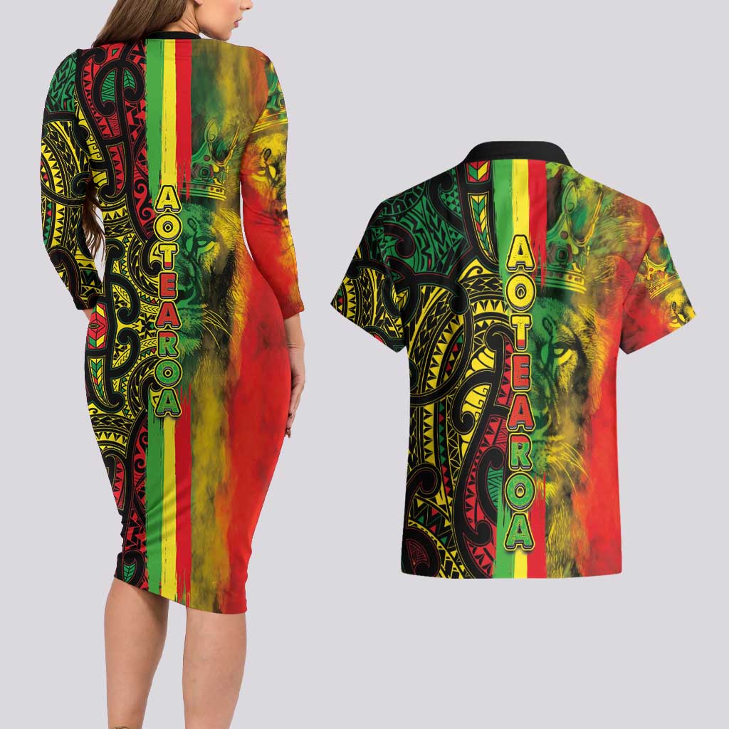 Aotearoa Reggae Couples Matching Long Sleeve Bodycon Dress and Hawaiian Shirt Maori Reggae-One Love