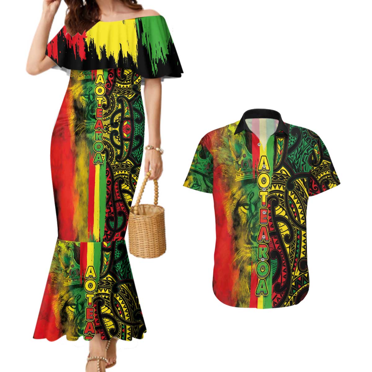 Aotearoa Reggae Couples Matching Mermaid Dress and Hawaiian Shirt Maori Reggae-One Love