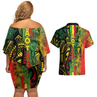 Aotearoa Reggae Couples Matching Off Shoulder Short Dress and Hawaiian Shirt Maori Reggae-One Love