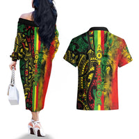 Aotearoa Reggae Couples Matching Off The Shoulder Long Sleeve Dress and Hawaiian Shirt Maori Reggae-One Love