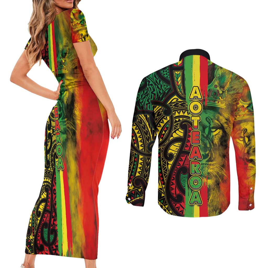 Aotearoa Reggae Couples Matching Short Sleeve Bodycon Dress and Long Sleeve Button Shirt Maori Reggae-One Love