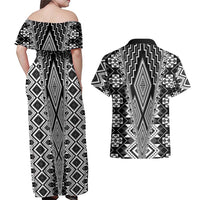 Aotearoa Tukutuku and Poutama Motif Classic Couples Matching Off Shoulder Maxi Dress and Hawaiian Shirt