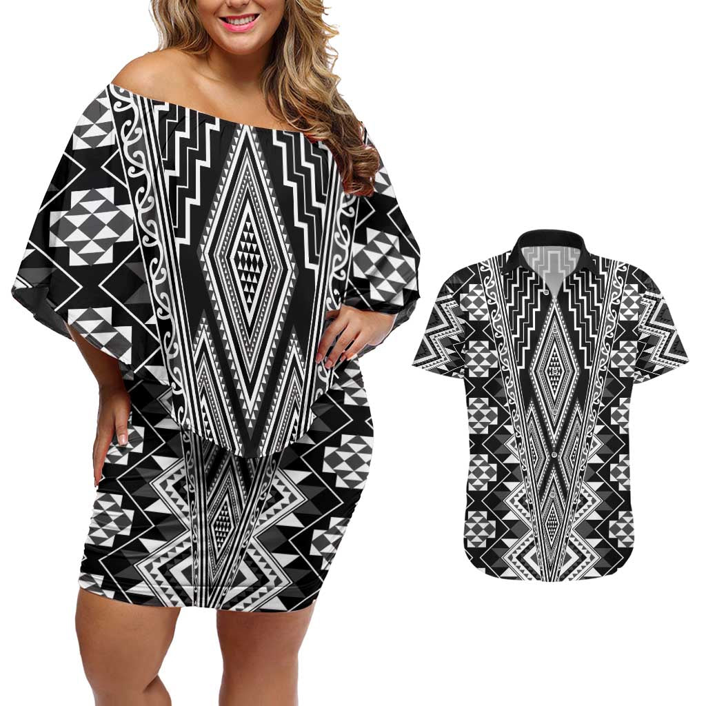 Aotearoa Tukutuku and Poutama Motif Classic Couples Matching Off Shoulder Short Dress and Hawaiian Shirt