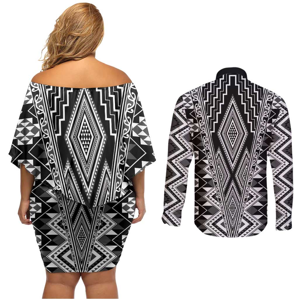 Aotearoa Tukutuku and Poutama Motif Classic Couples Matching Off Shoulder Short Dress and Long Sleeve Button Shirt