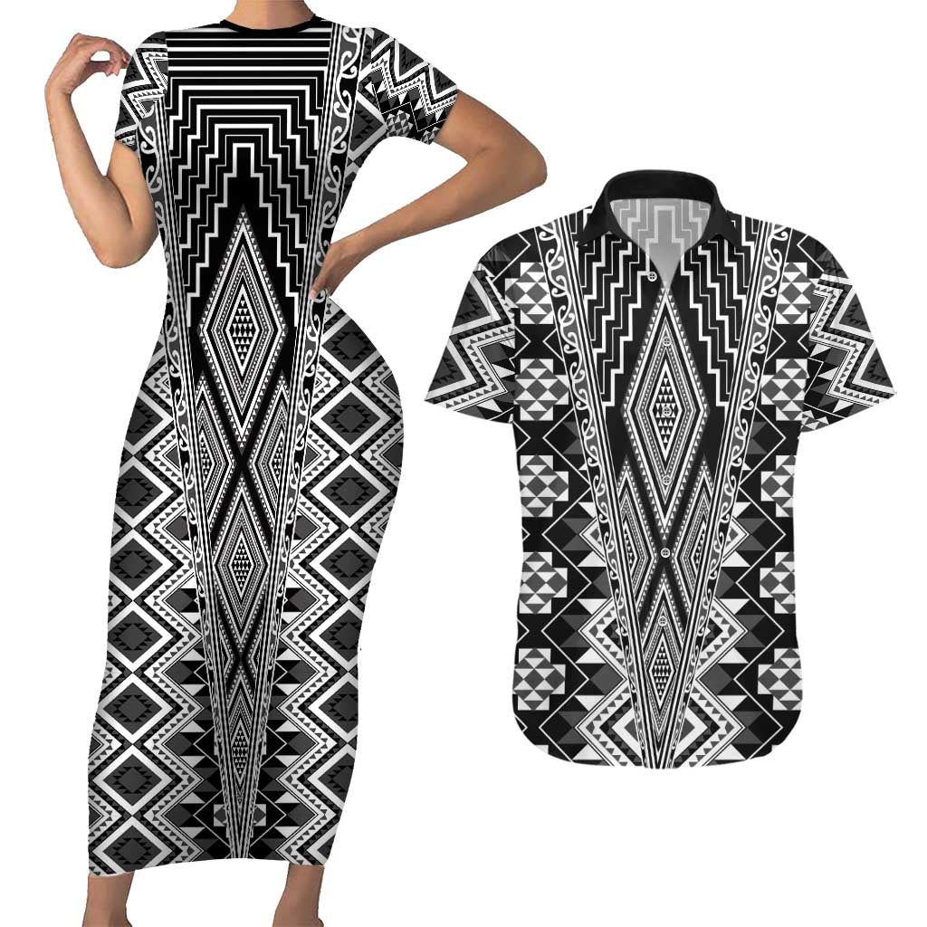 Aotearoa Tukutuku and Poutama Motif Classic Couples Matching Short Sleeve Bodycon Dress and Hawaiian Shirt