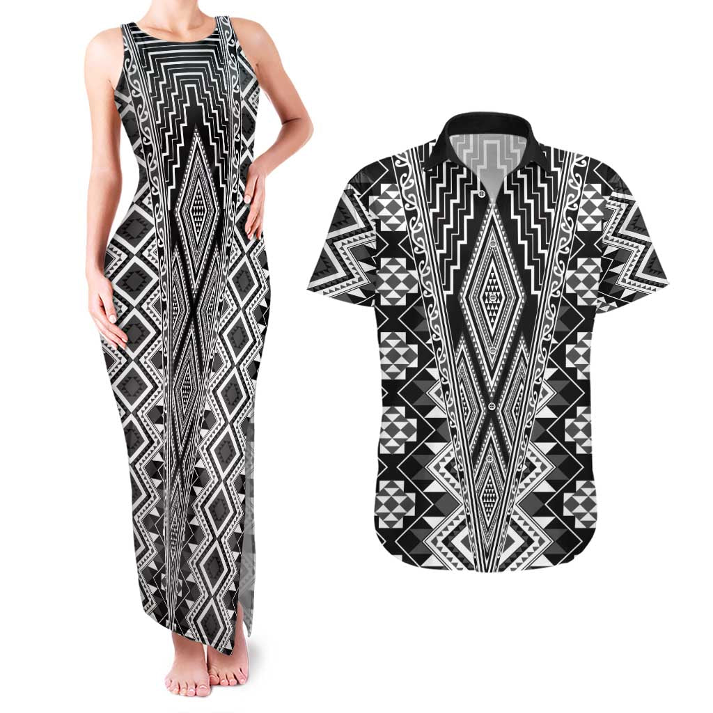 Aotearoa Tukutuku and Poutama Motif Classic Couples Matching Tank Maxi Dress and Hawaiian Shirt