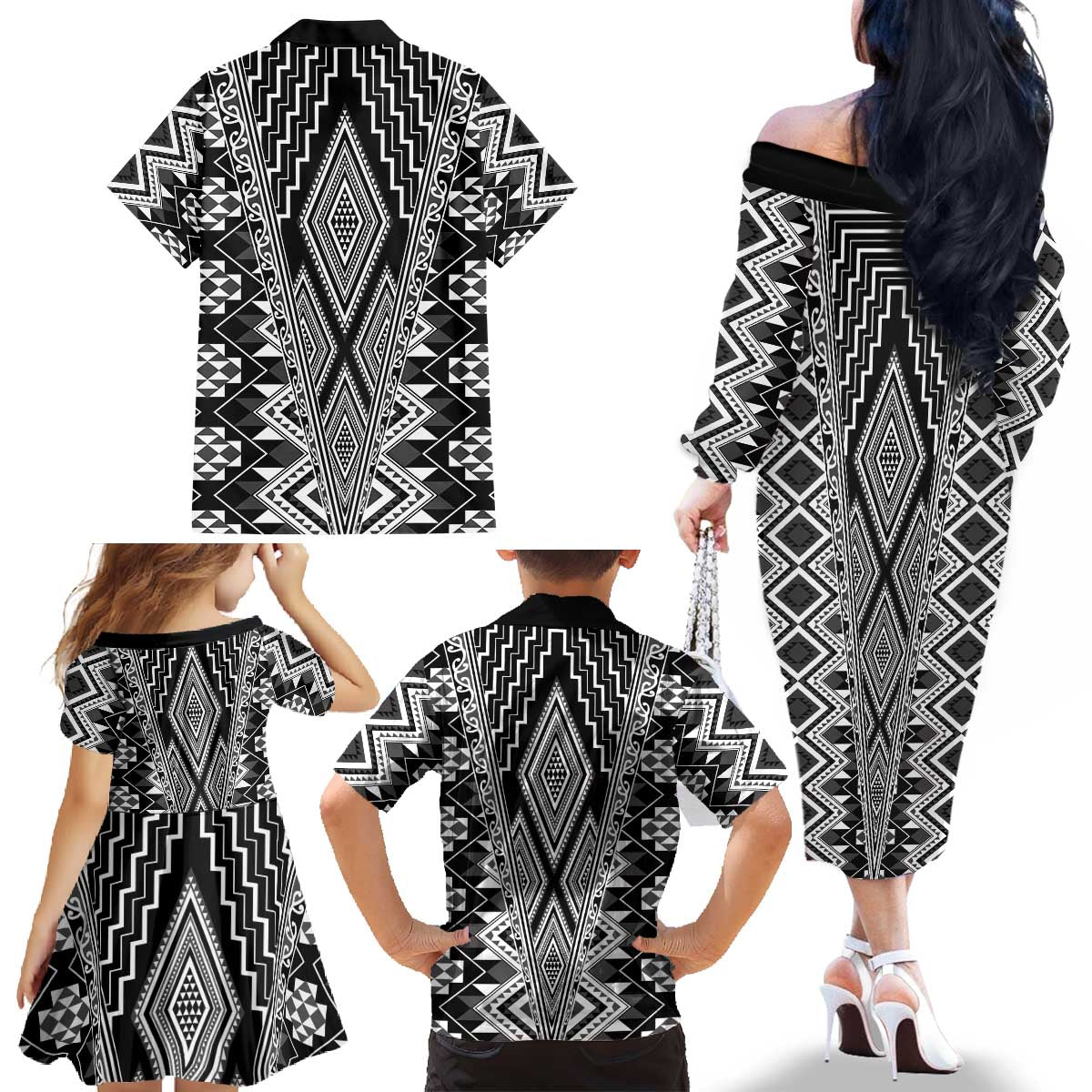Aotearoa Tukutuku and Poutama Motif Classic Family Matching Off The Shoulder Long Sleeve Dress and Hawaiian Shirt