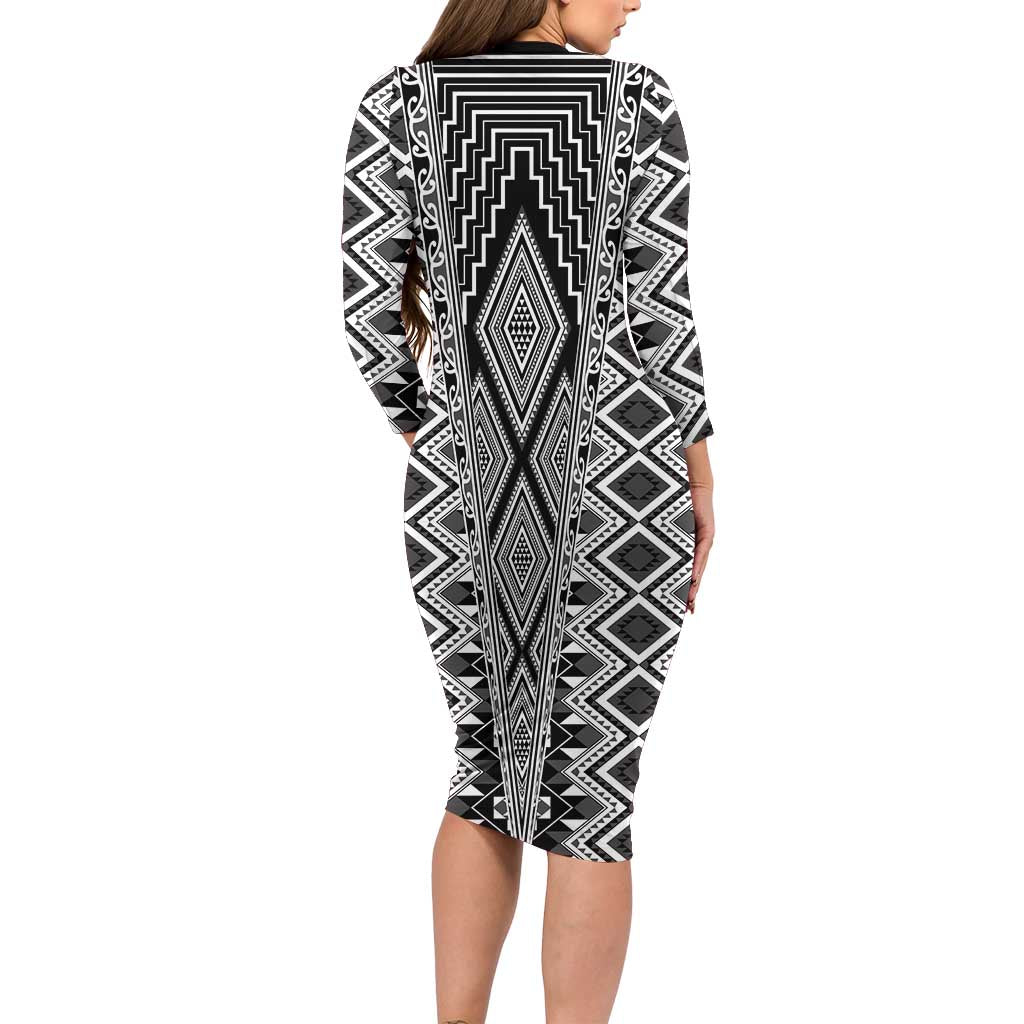 Aotearoa Tukutuku and Poutama Motif Classic Long Sleeve Bodycon Dress