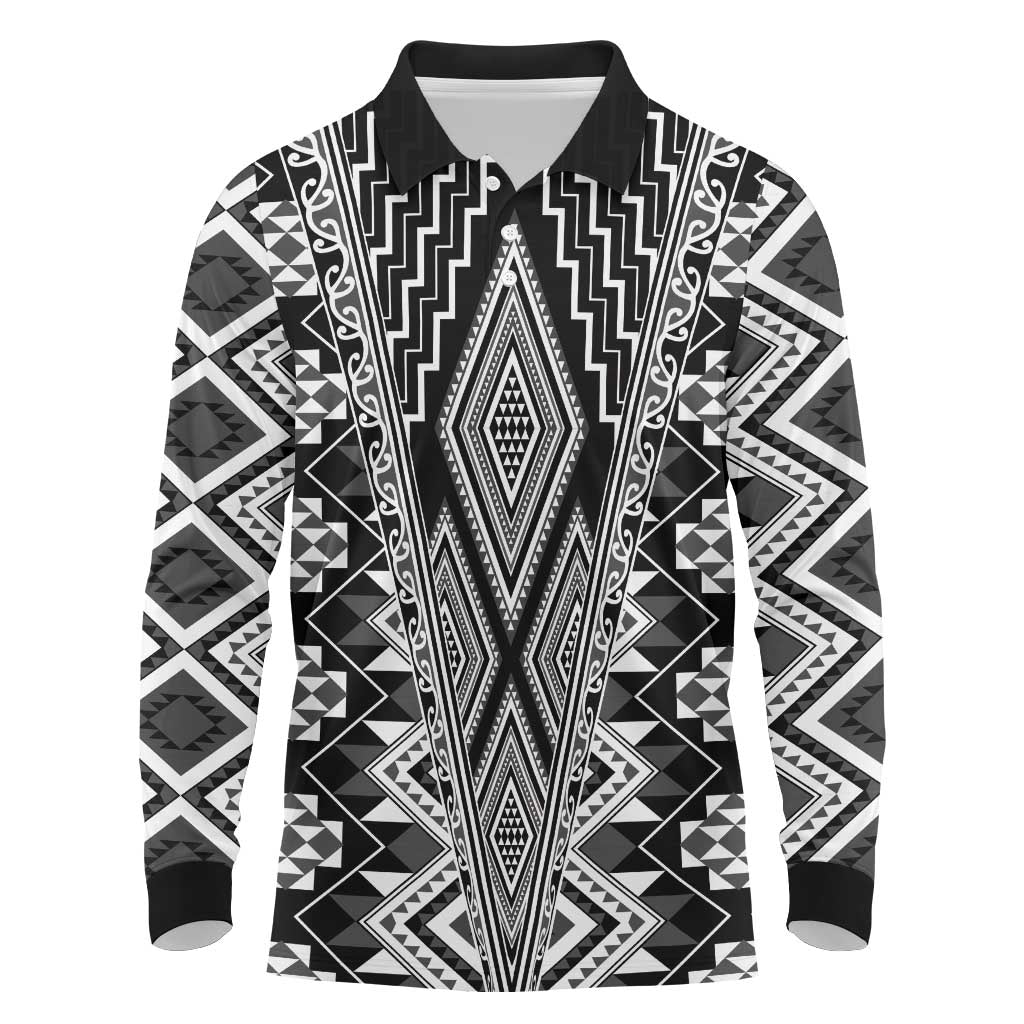 Aotearoa Tukutuku and Poutama Motif Classic Long Sleeve Polo Shirt LT03 Gray - Polynesian Pride