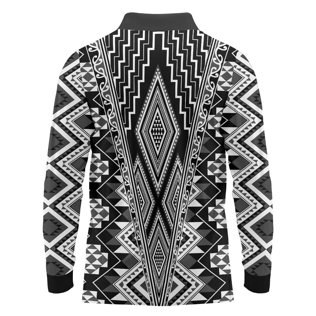 Aotearoa Tukutuku and Poutama Motif Classic Long Sleeve Polo Shirt