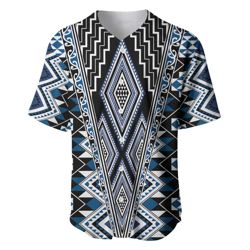 Blue Aotearoa Tukutuku and Poutama Motif Baseball Jersey LT03 Blue - Polynesian Pride