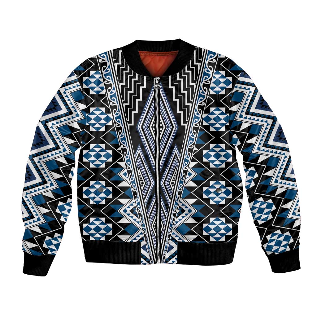 Blue Aotearoa Tukutuku and Poutama Motif Bomber Jacket