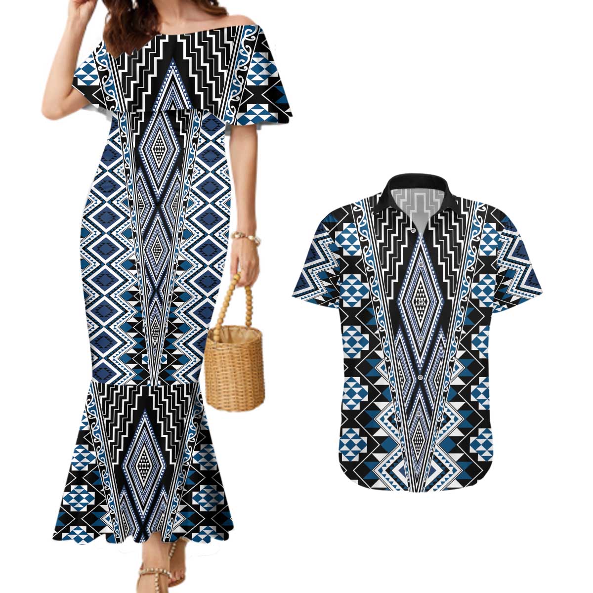 Blue Aotearoa Tukutuku and Poutama Motif Couples Matching Mermaid Dress and Hawaiian Shirt