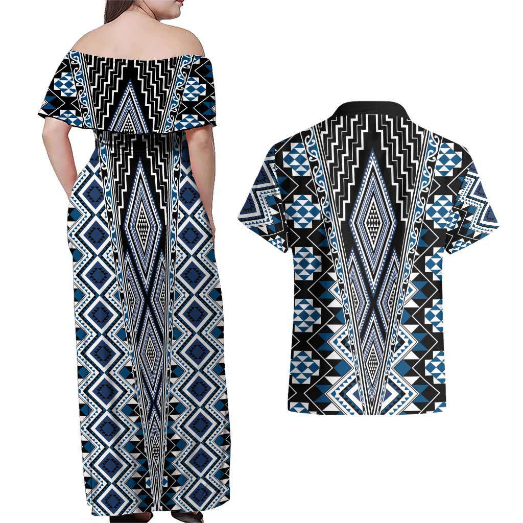 Blue Aotearoa Tukutuku and Poutama Motif Couples Matching Off Shoulder Maxi Dress and Hawaiian Shirt