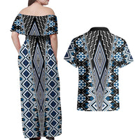 Blue Aotearoa Tukutuku and Poutama Motif Couples Matching Off Shoulder Maxi Dress and Hawaiian Shirt