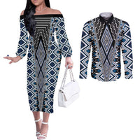 Blue Aotearoa Tukutuku and Poutama Motif Couples Matching Off The Shoulder Long Sleeve Dress and Long Sleeve Button Shirt