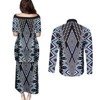 Blue Aotearoa Tukutuku and Poutama Motif Couples Matching Puletasi and Long Sleeve Button Shirt